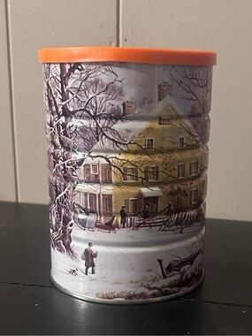 Winter Village Decorative Tin with Orange Lid